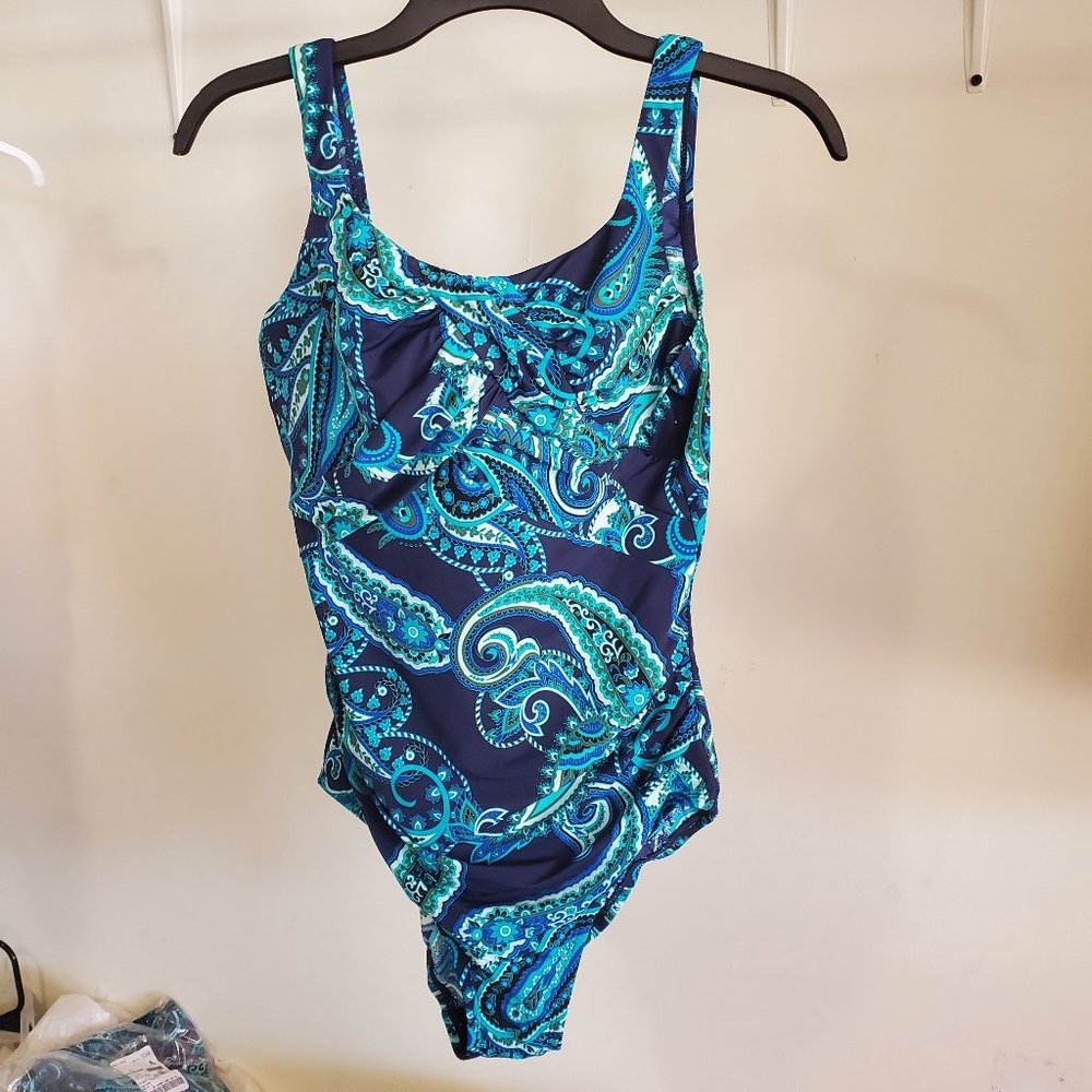 Lands' End Navy Blue Teal Paisley One-Piece Swimsuit
